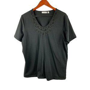 Susan Graver Womens Black V-Neck Short Sleeve Top With Lace Detail Size L